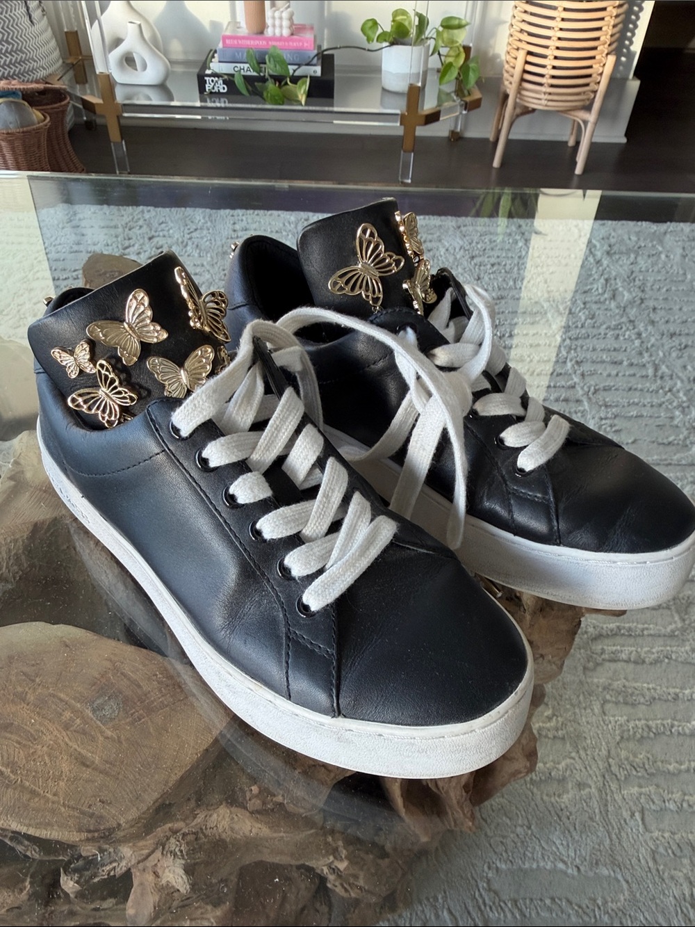 Michael Kors Black High-Top Sneakers with Gold Butterfly Accents